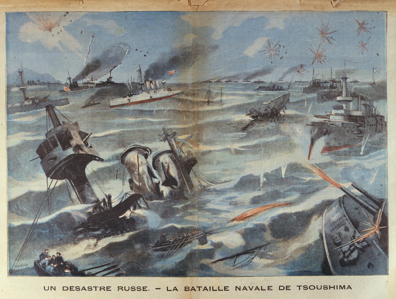 Russisk sjøkatastrofe under slaget ved Tsushima i 1905, illustrasjon fra Le Petit Parisien, 2. juli, 1906 av French School