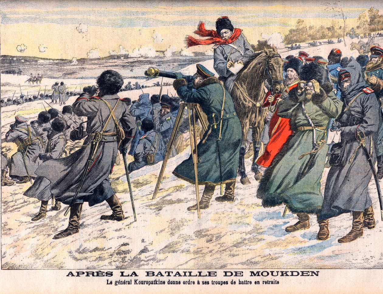 Russisk-japansk krig - Etter slaget ved Mukden Den russiske sjefen, general Kuropatkin, beordret tilbaketrekning av hæren hans. Russisk-japanske krig (1904-1905) - Etter slaget ved Mukden. General Kuropatkin beordrer troppene sine til å trekke seg tilbake. av French School