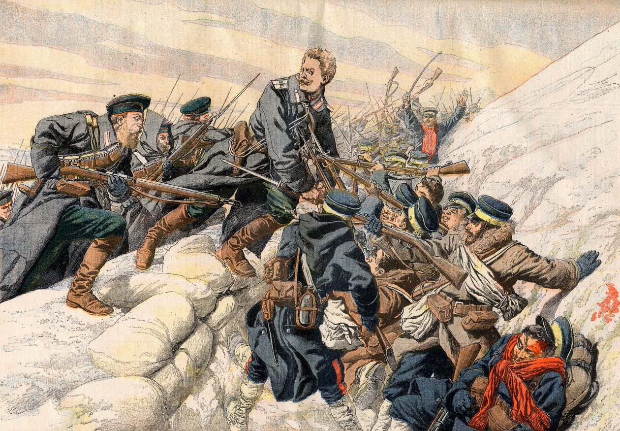 Russo-Japanese War - Fighting in the trenches at Port Arthur, Russo-Japanese War. The heroic death of Russian Lieutenant Alexander - In the trenches of Port Arthur. Heroic death of Russian Lieutenant Alexander. Illustration for Le petit Journal av French School