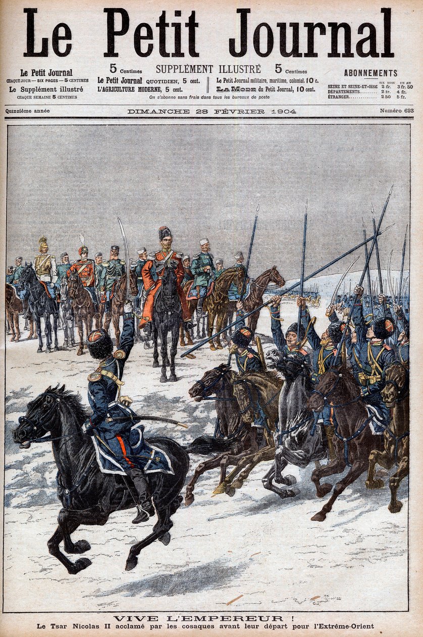 Russisk-japansk krig 1904-1905 - Kosakker som hyller tsar Nicholas II før de dro til Fjernøsten for å kjempe mot japanerne i "Le Petit Journal", 28. februar 1904 (gravering) av French School