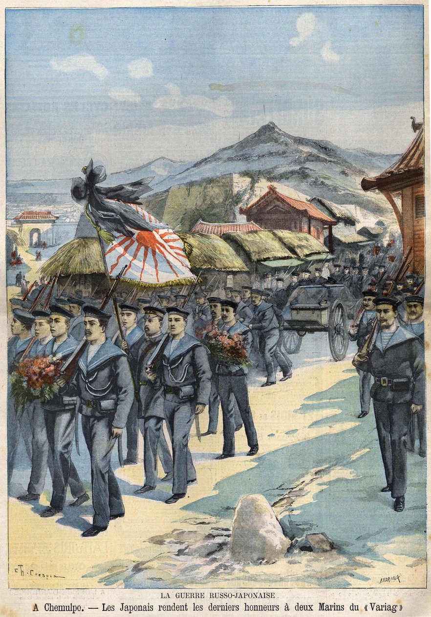 Russisk-japanske krig I Chemulpo gir japanerne den siste æresbevisningen til to sjømenn fra Virag. Le Petit Parisien l av 3. april av French School