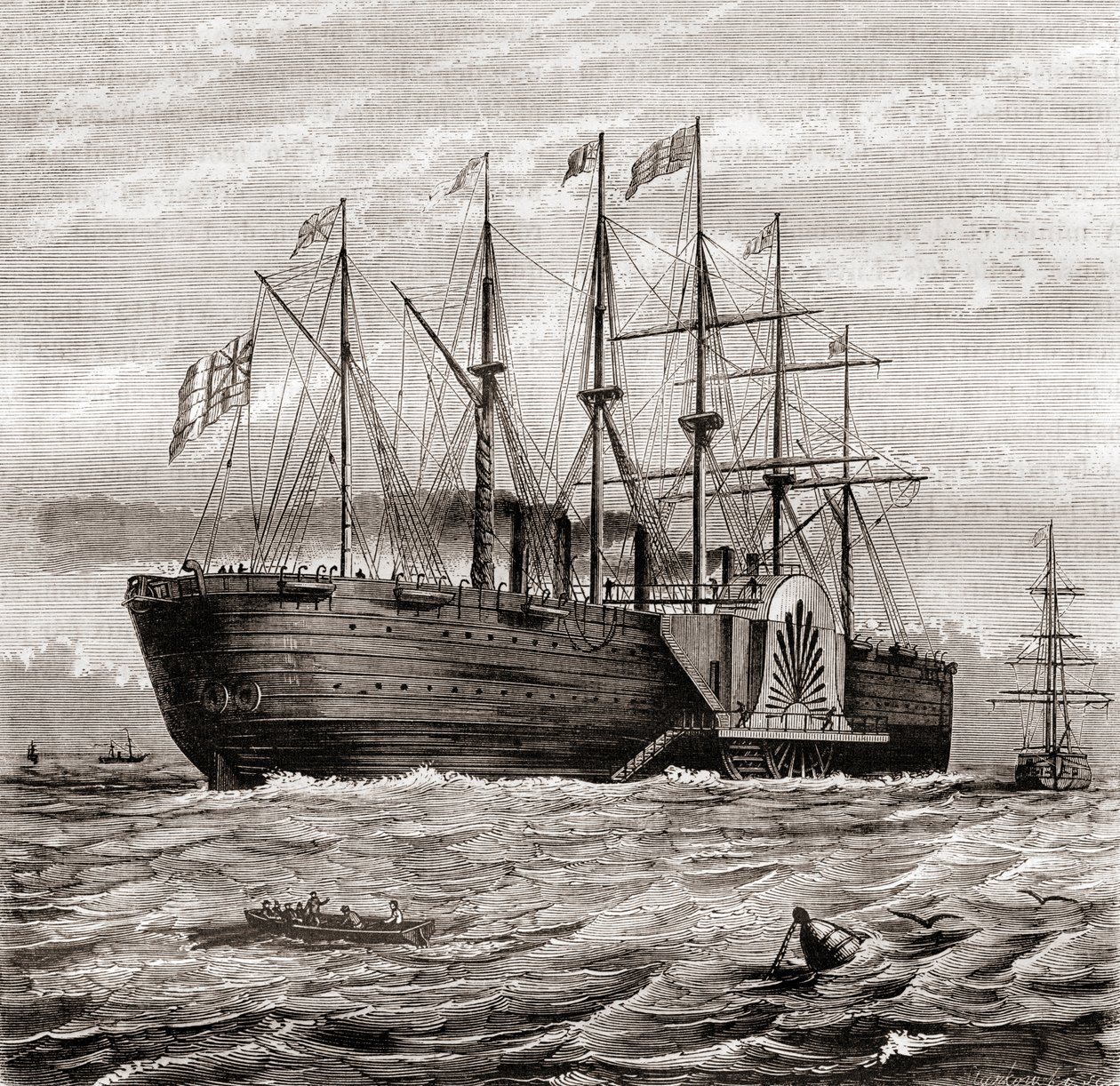 SS Great Eastern, jernseilende dampskip designet av Isambard Kingdom Brunel, fra Les Merveilles de la Science, publisert ca. 1870 (gravering) av French School