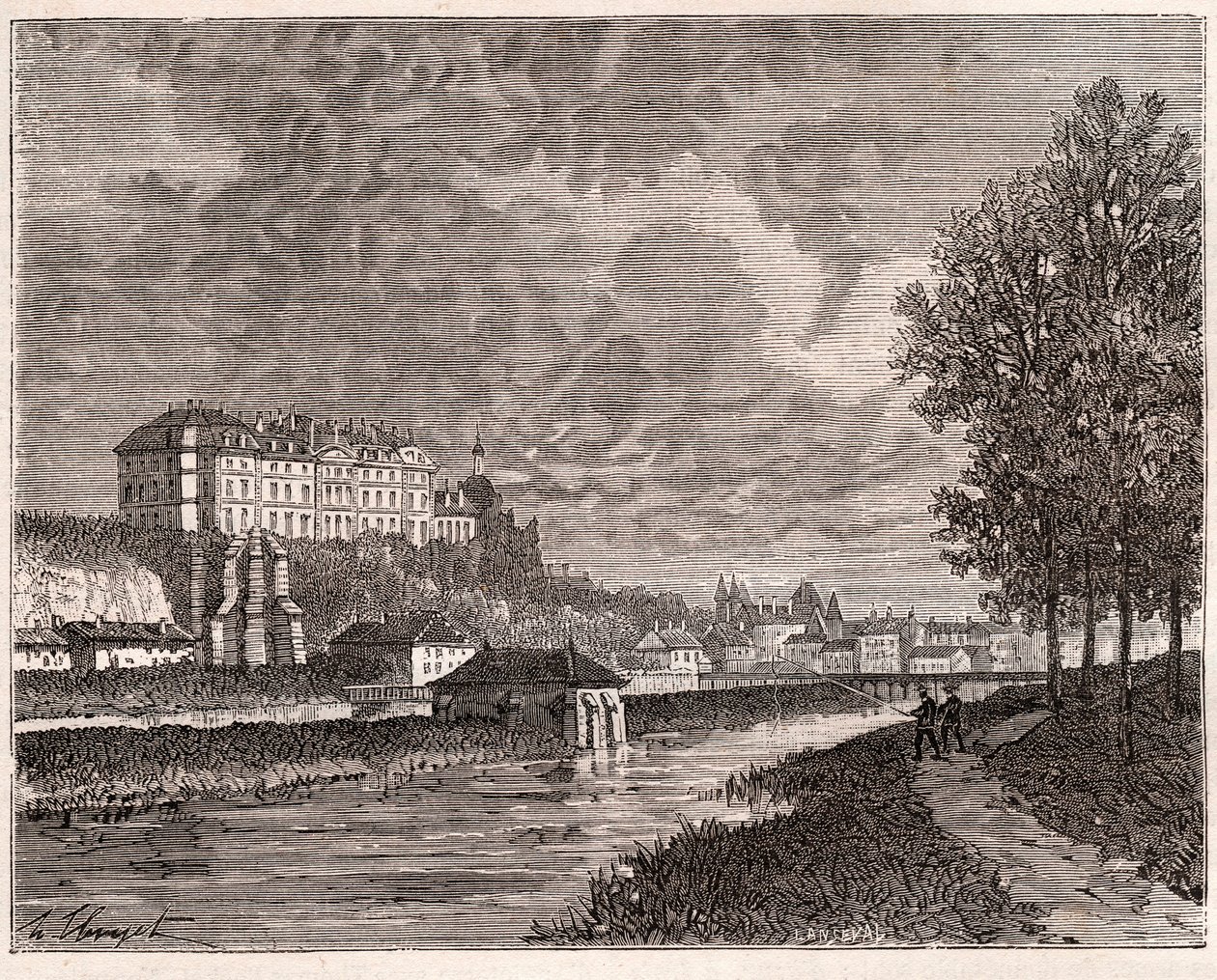 Sable-sur-Sarthe (Sable sur Sarthe) - gravering i "La France illustree: geografi, historie, statistisk administrasjon" av V.A. Malt-brun. 1884 av French School