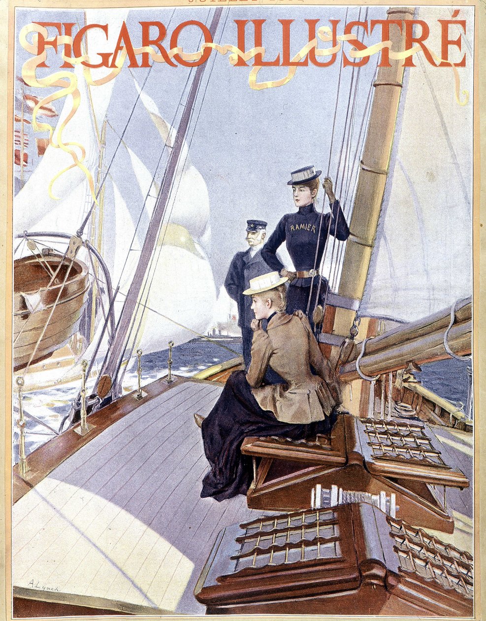 Seiling: kvinner på dekket av en båt - tegning i "" Figaro illustrert"" fra 1891, Arts Deco. av French School