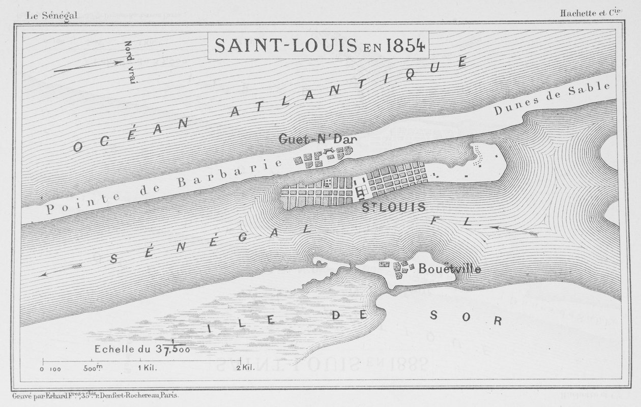 Saint-Louis i 1854, illustrasjon fra "Le Senegal...", av Louis Leon Faidherbe, 1854 av French School