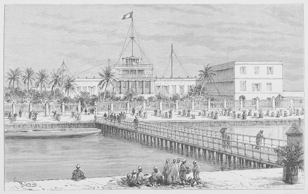 Saint-Louis, utsikt over N"Dar, Pont de Guet, illustrasjon fra "Le Senegal..." av Louis Leon Faidherbe, 1889 av French School