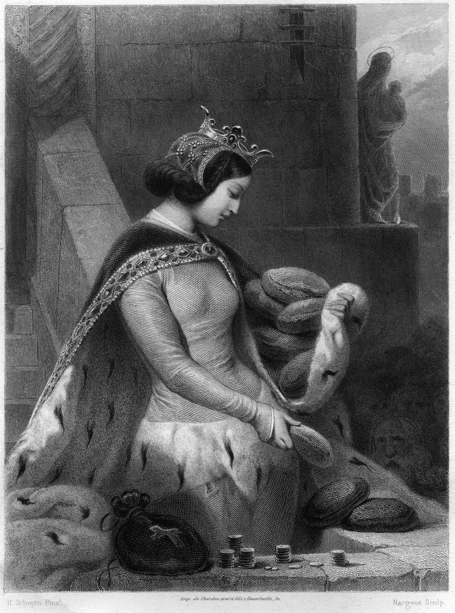 Saint Bathilde Dronning av Frankrike (død 680) kone til Clovis II. I «Les Saintes Femmes» av French School