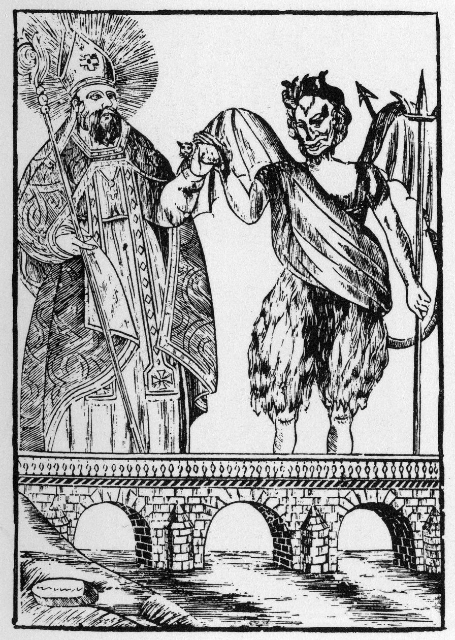 Saint Cado (eller Cadoc eller Catuod eller Catoc eller Cazut eller Cadochus) legendariske helgen Christian gir en katt til djevelen i bytte mot å bygge en bro - populære bilder Perret av French School