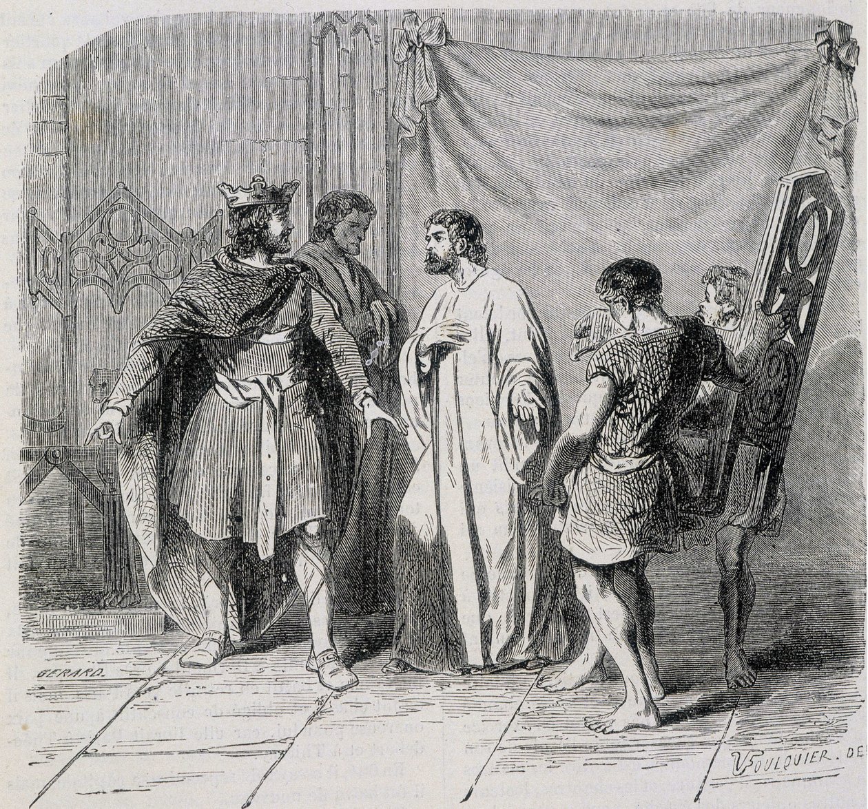 Saint Eloi og Dagobert: Dagobert ble overrasket da Eloi introduserte ham den andre lenestolen - grav. 1800-tallet av French School
