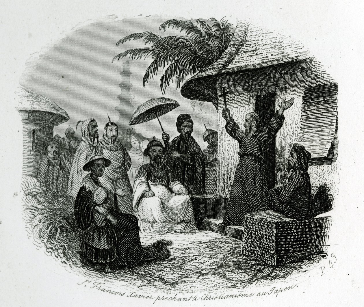 Saint Francois Xavier forkynner kristendommen i Japan. Gravering til Illustrer History and Description of Japan av Pere de Charlevoix, A.Mame et Compagnie editors, Tours av French School