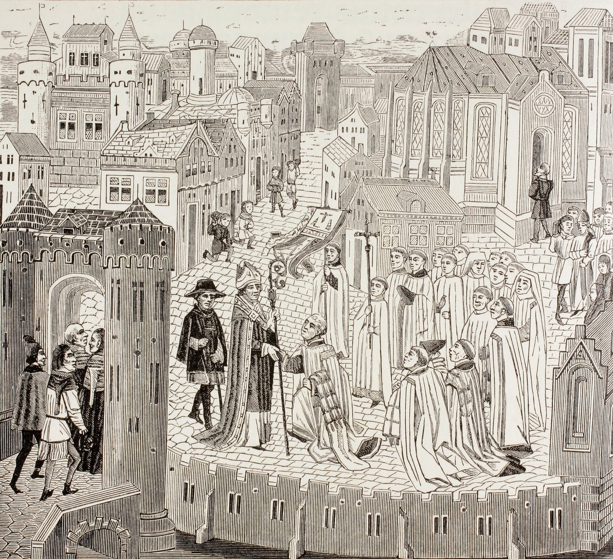 Saint Gaugericus, biskop av Cambrai, ankommer byen for sin utnevnelse, fra 