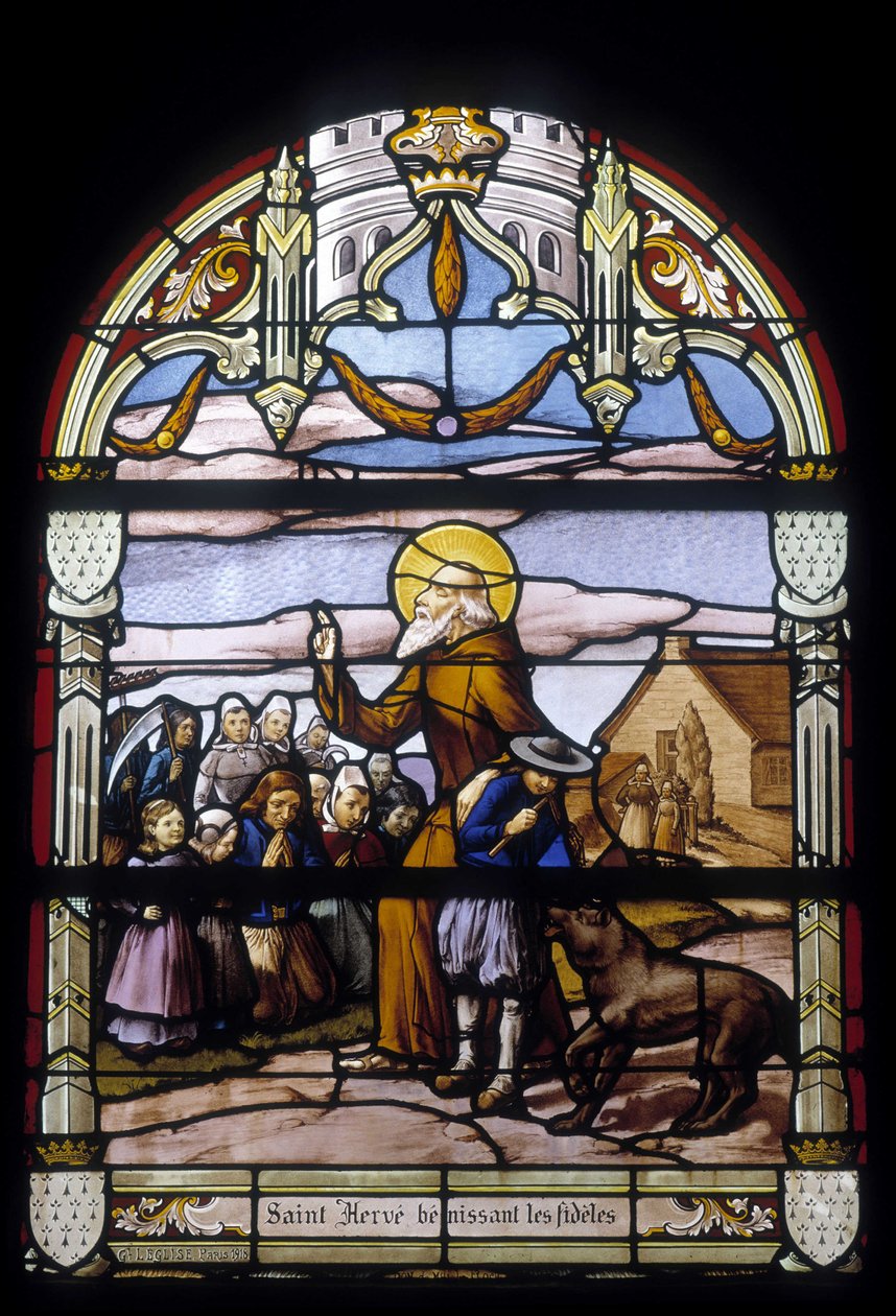 Saint Hervé velsigner de trofaste - glassmalerier i St Germain-kirken i Kerlaz av French School