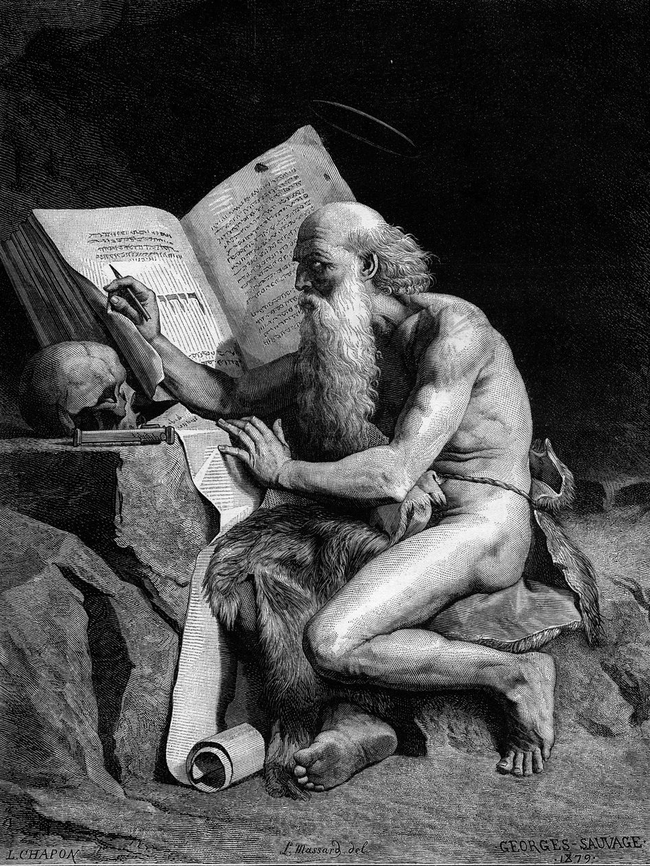 Saint Hieronymus i ørkenen. Gravering etter maleriet av Georges Sauvage (Auguste Albert Georges Sauvage dit) (1800-tallet). Gravering i "" Le Monde Illustré"" nr. 1196 av 28. februar av French School