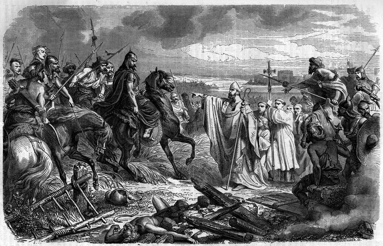 Saint Loup (or Saint-Loup, v.383-479), eveque of Troyes saves the city from the anger of Attila (v. 406-453) the king of the Huns tribes in 451 - Barbarian invasions - Engraving in “Histoire des Papes-King-Queen-and-Empereurs a travers les centuries” by Ma av French School