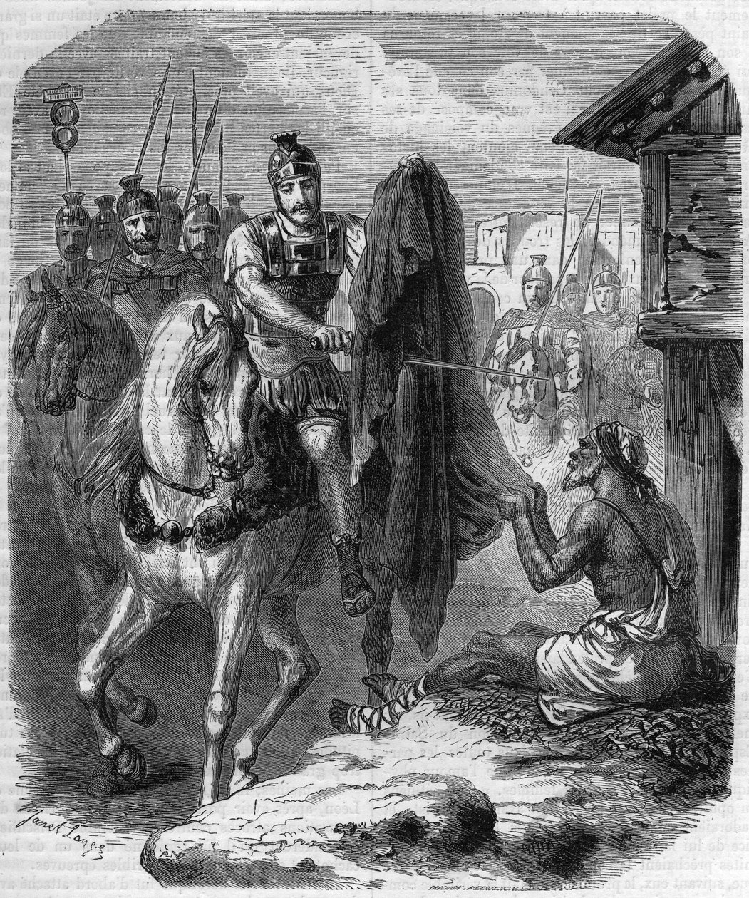 Saint Martin de Tours (Saint-Martin-de-Tours, v. 316-397) lager to stykker av frakken hans for å gi den til en fattig mann. Gravering i "Histoire des Papes-Rois-Queen and Empereurs a travers les centuries"" av Maurice Lachatre av French School