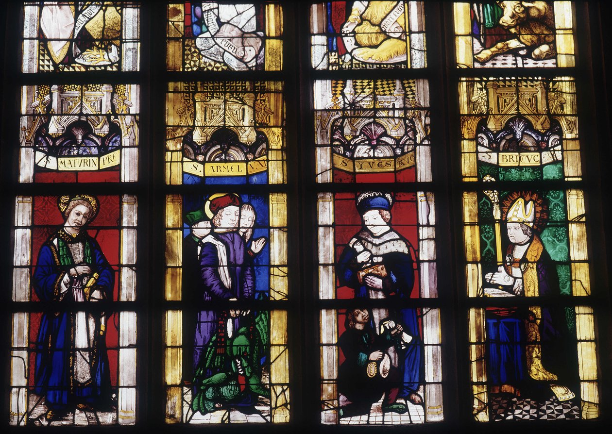 Saint Maturin, Saint Yves, Saint Armel og Saint Brieuc - glassmalerier fra kirken Saint Saviour of Dinan av French School