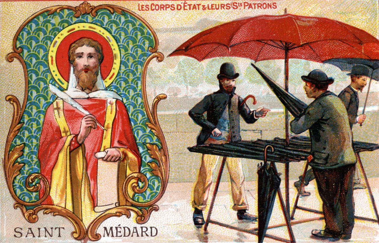 Saint Medard, skytshelgen for paraplyselgere, ca. 1910 (litho-farge) av French School