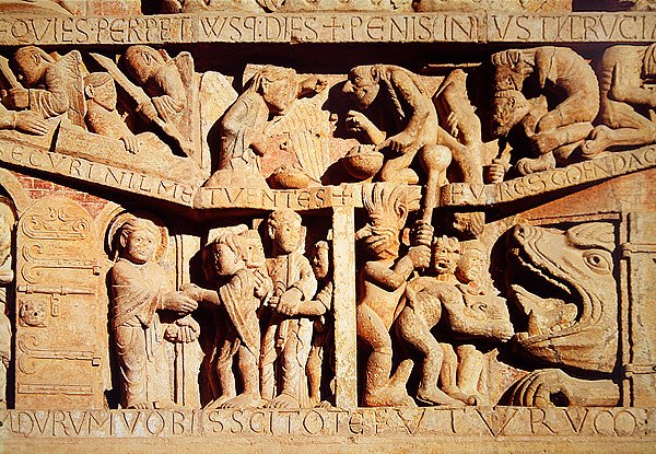 Sankt Peter mottar de velsignede til himmelen og det fordømte fall i helvetes kjever, detalj fra den siste dommen på Vestportalen Tympanum, ca. 1135 av French School