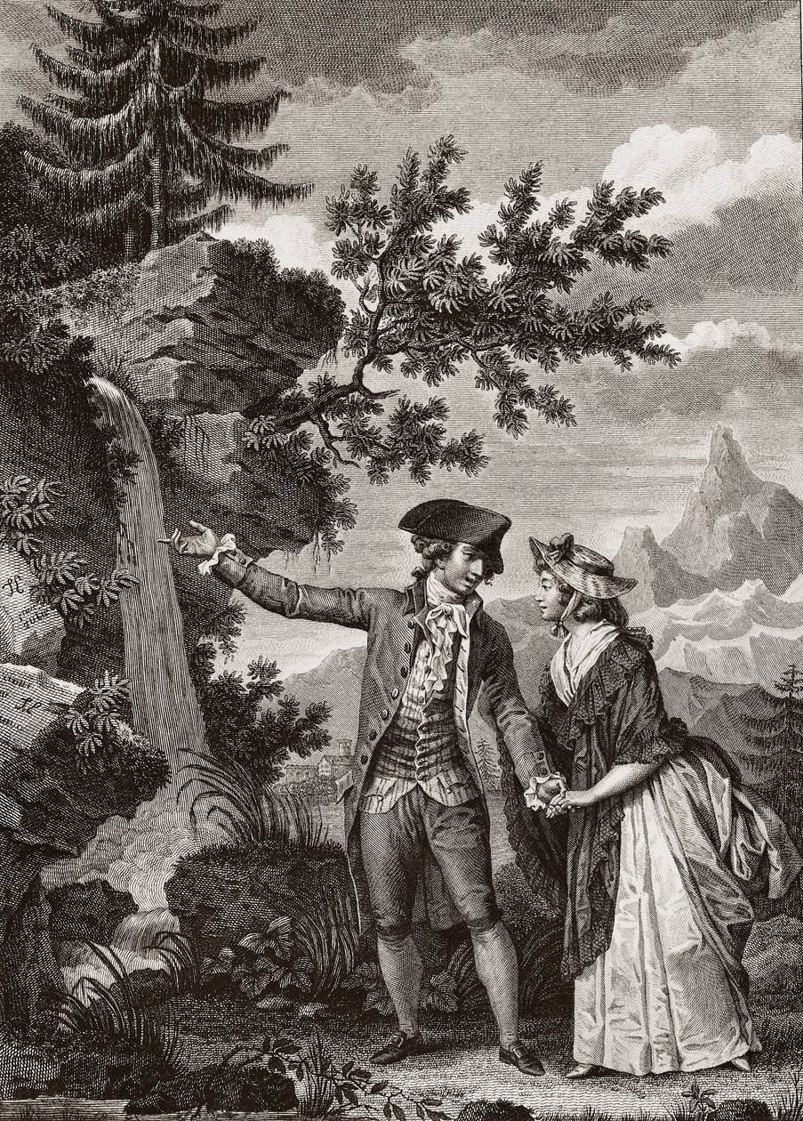 Saint Preux og Julie-gravering fra 1793 for "Julie ou la nouvelle Heloise" av den sveitsiske filosofen Jean Jacques (Jean-Jacques) Rousseau (1712-1778) - Julie og Saint-Preux, illustrasjon fra 'La Nouvelle Heloise' av Jean-Jacques Roussea av French School