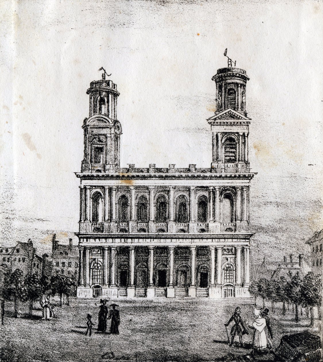 Saint Sulpice-kirken, Paris - "Alphabet Picturesque des Monuments de Paris" ca. 1840 (gravering) av French School