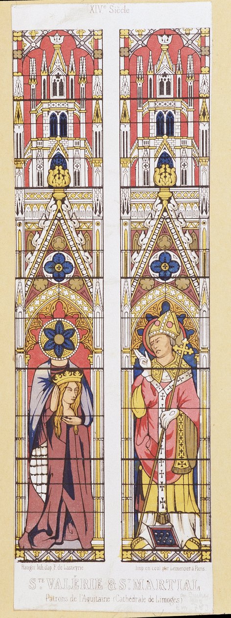 Saint Valerie, jomfru og martyr i Limoges (3. århundre) og Saint Martial, eveque of Limoges (3. århundre), beskyttere av Aquitaine. Fac-lignelse som gjengir glassmaleriene til Cathedrale de Limoges. av French School