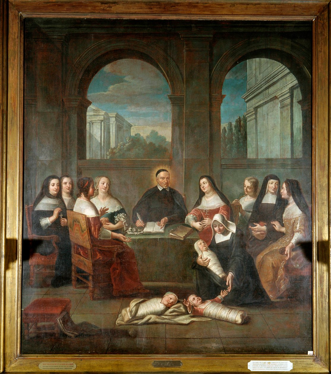 Saint Vincent de Paul og veldedighetsdamene Representasjon av Saint Vincent de Paul, prest, grunnlegger av etableringen av Charitys døtre i 1634 (1576-1660) omgitt av nonner som tar seg av nyfødte og veldedighetsdamer. Anonymt maleri o av French School