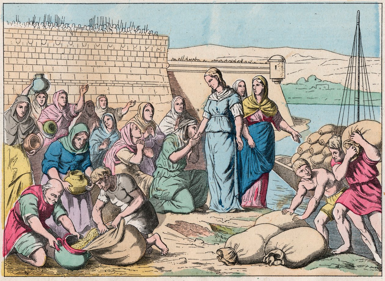Sainte Genevieve distributes food to the people during the siege of Paris by the army of the Huns of Attila in 451 (barbarian invasions) - Sainte Genevieve and the people of Paris - Engraving of the end of the 19th century in “Nos Gires Nationales - Images av French School