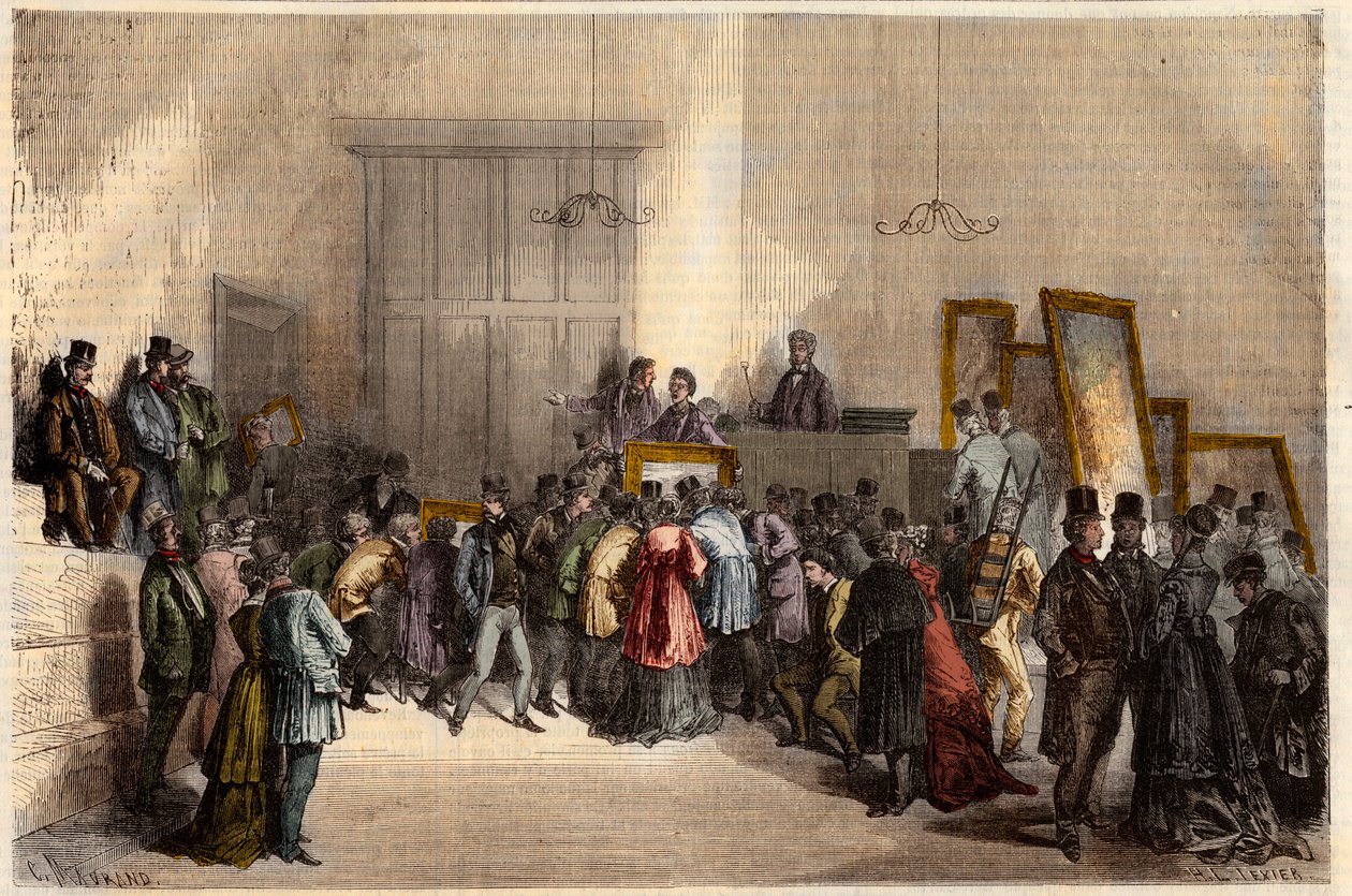 Salg av malerier på auksjonarius-hotellet i Paris i 1868. Gravering i “” L