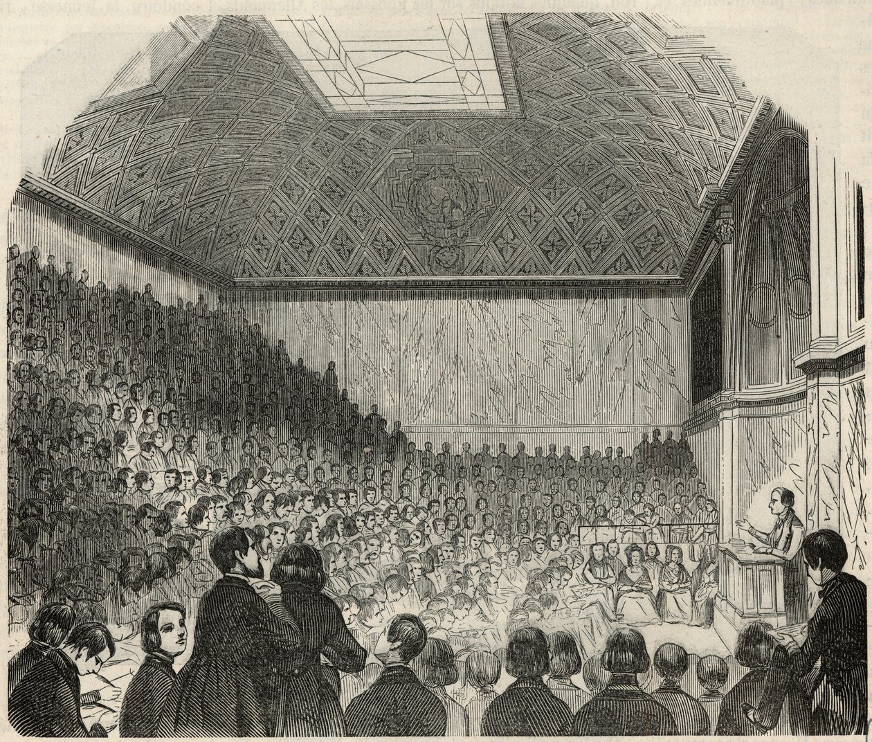Klasserom ved College de France i Paris på 1800-tallet - Gravering i "Tableau-de-Paris" av Edmond Texier 1852 av French School