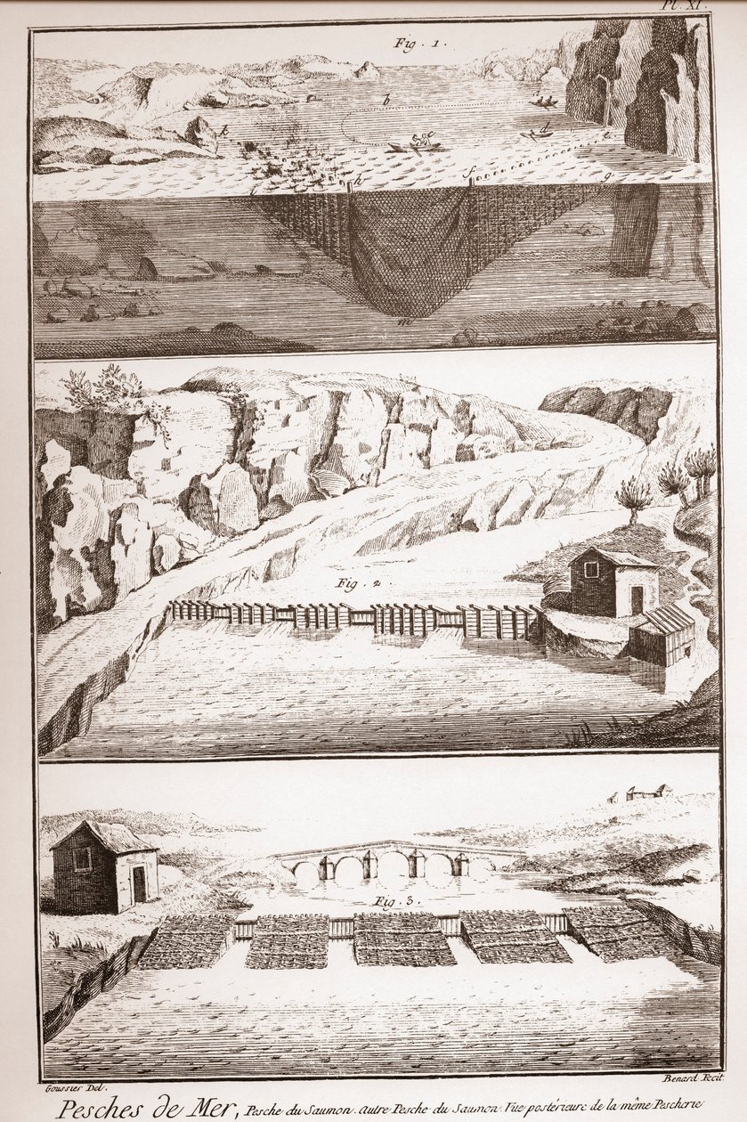 Laksefisketeknikker - Encyclopedia or Dictionary of the Sciences, Arts and Professions av Denis Diderot (1713-1784) og Jean d