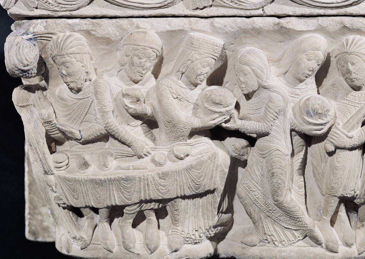 Salome presenterer hodet til døperen Johannes ved Herodes-festen, detalj fra et relieff på en kapital (stein) (detalj av 86203) av French School