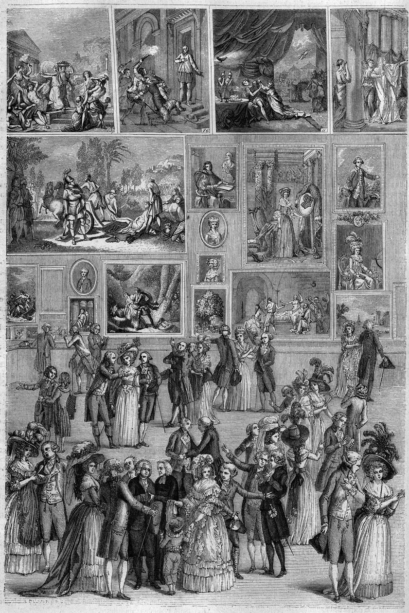 Salon de 1787: utsikt over Salon Carre ved Louvre under maleriutstillingen i Paris. Gravering av Martini i "" The Picturesque Store"" av French School