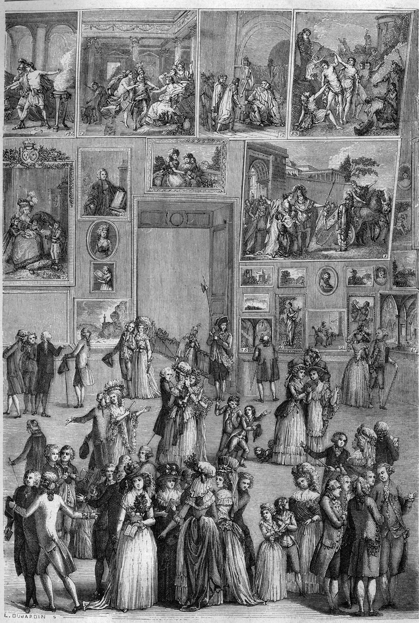 Salon de 1787: utsikt over Salon Carre ved Louvre under maleriutstillingen i Paris. Gravering av Martini i "" The Picturesque Store"" av French School