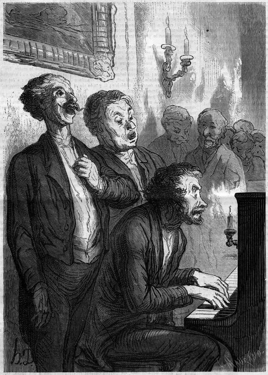 Singer Lounge. Tegneserie av Honore Daumier (1808-1879). Gravering i "" Le Monde Illustré"" nr. 290 av 1. november 1862. av French School