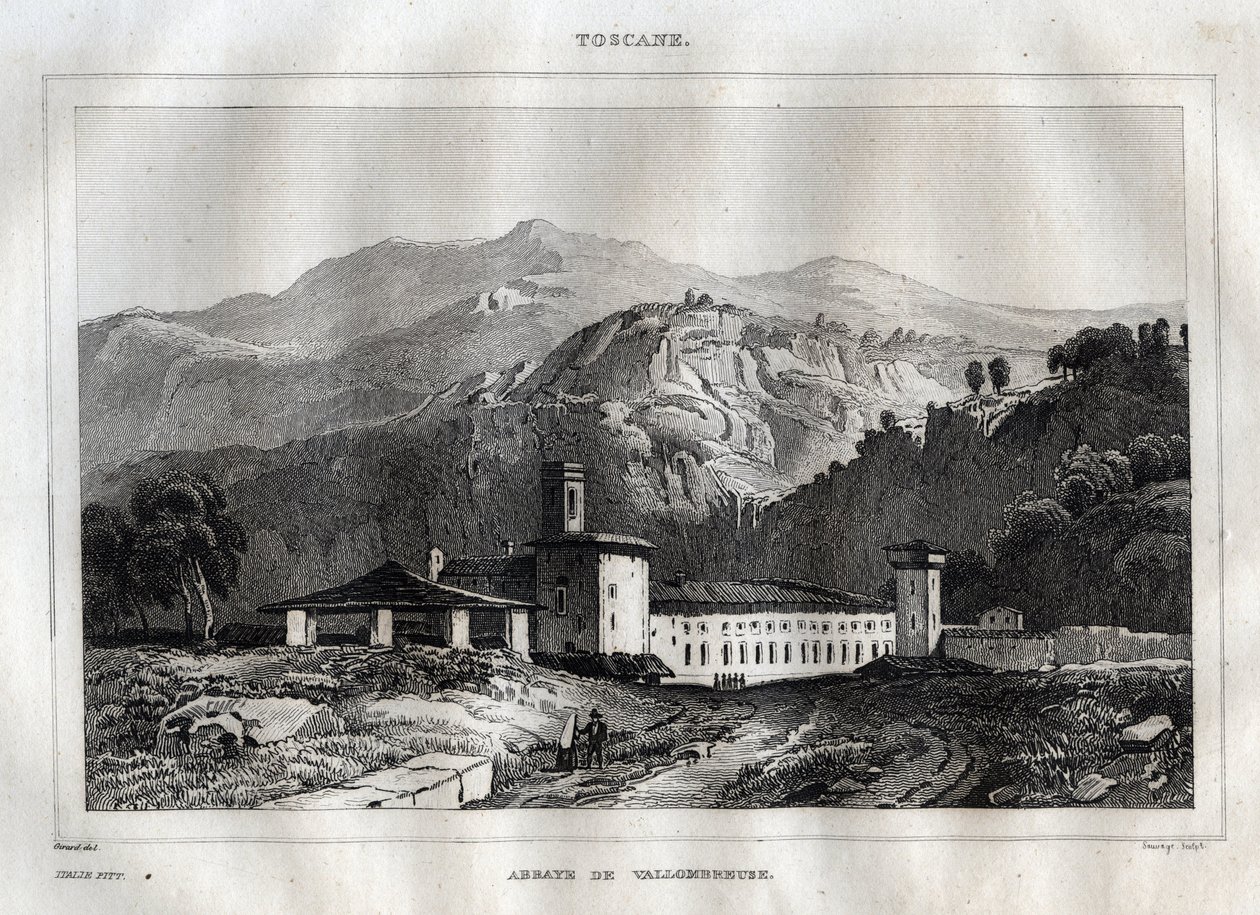 Santa Maria di Vallombrosa benediktinerkloster som ligger i Reggello kommune i Toscana - Vallombrosa kloster - Gravering fra "" Italy Picturesque"" - Historisk og beskrivende maleri av Italia"" av M. de Norvins, Ch. Nodier 1834-1836. av French School