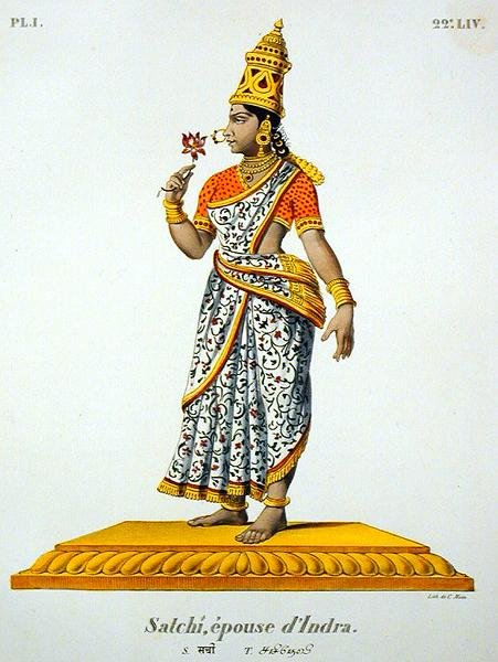 Satchi kone til Indra, gravert av C. de Motte (1785-1836) (farge litho) av French School