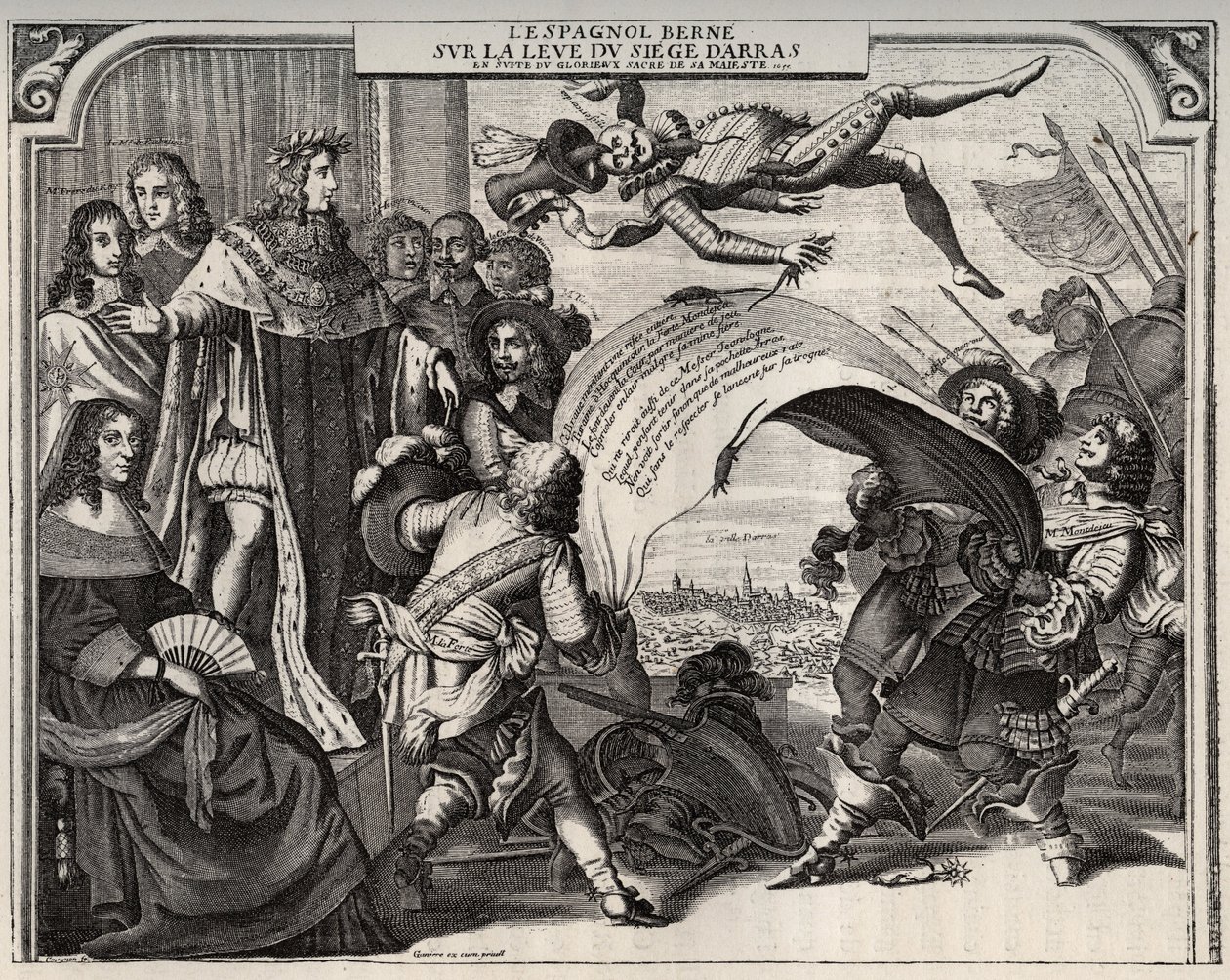 Satirisk allegori om fremveksten av beleiringen av Arras i 1654 etter kroningen av Ludvig XIV (1638-1715). Nede til venstre er dronning Anne av Østerrike (1601-1666). Stående ved siden av Ludvig XIV, og til venstre for kongen, kardinal Jules Mazarin (1602- av French School