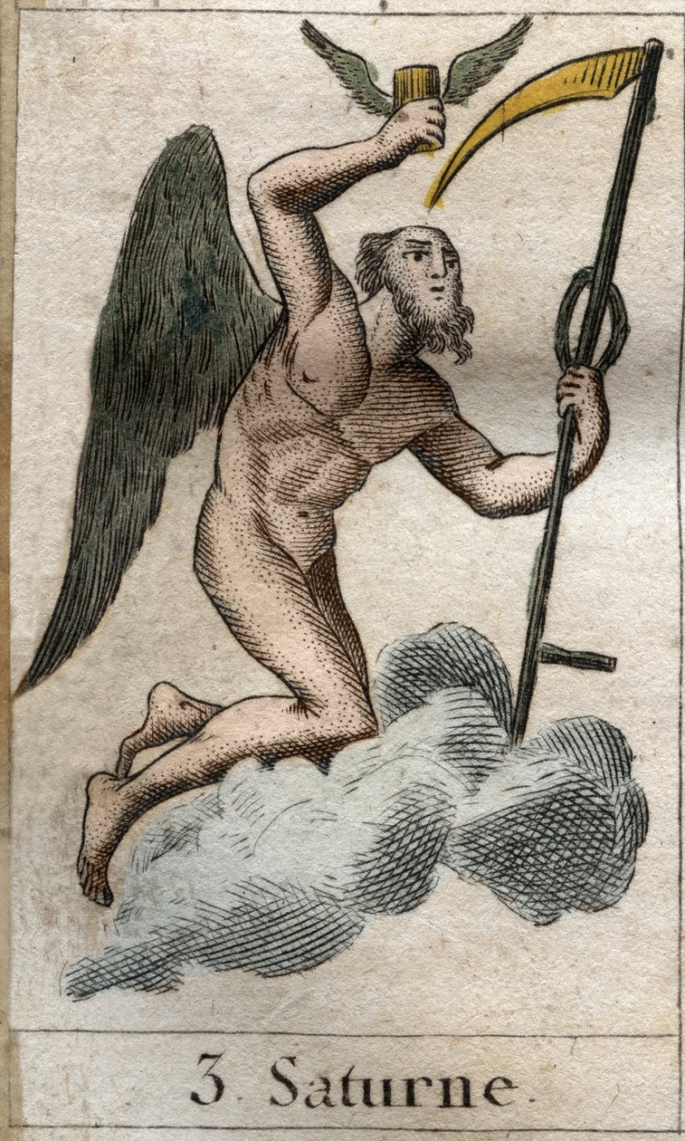 Saturn, guden for jordbruk og høsting, er representert med en falsk. Fra "Mythology of Youth" av Pierre Blanchard 1803. av French School