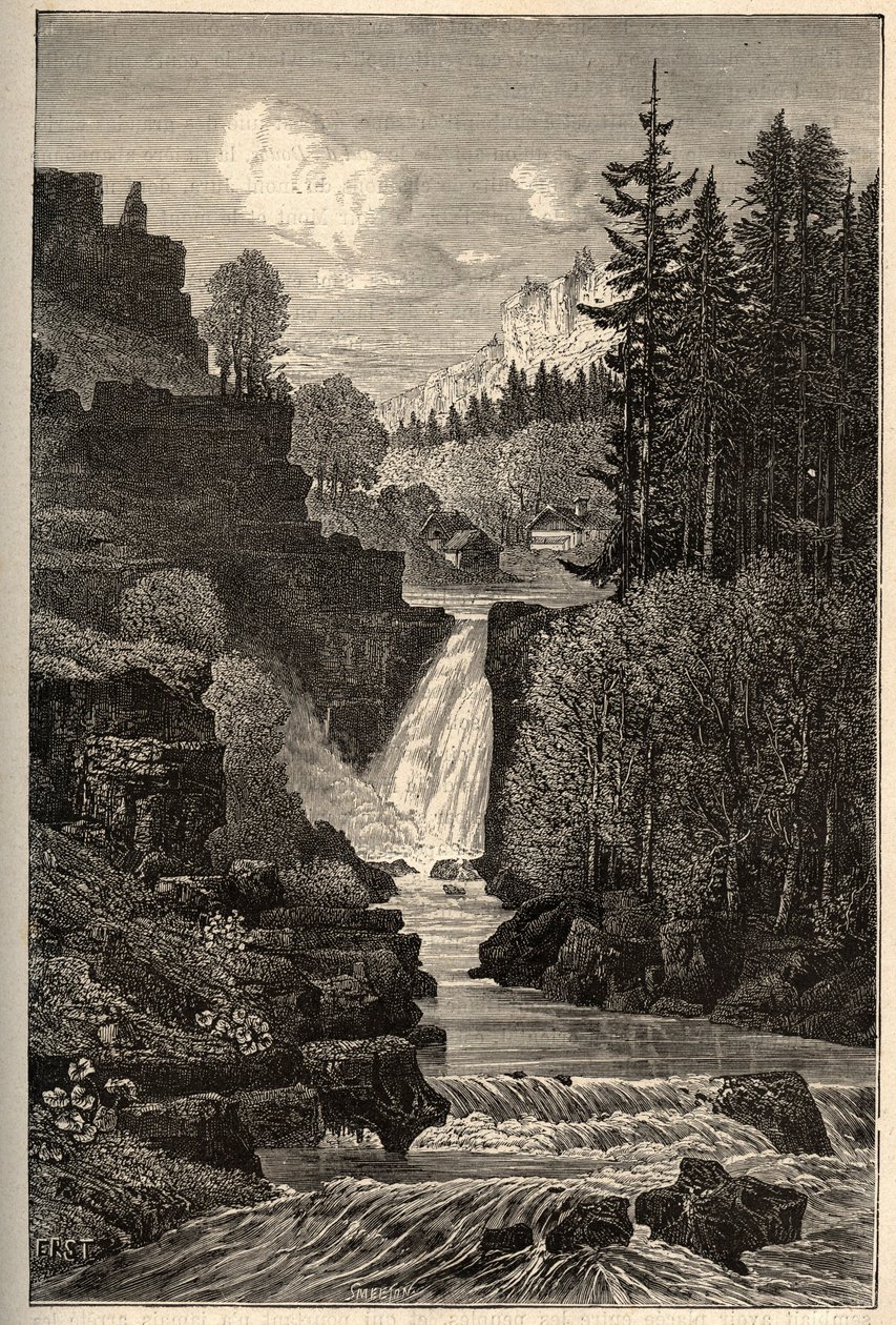 Saut du Doubs (fossfall) Franche-Comte - gravering i "" PATRIE"" - PECTURESSE BESKRIVELSE AV FRANKRIKE I 6 BIND AV LUCIEN HUARD - slutten av 1800-tallet av French School