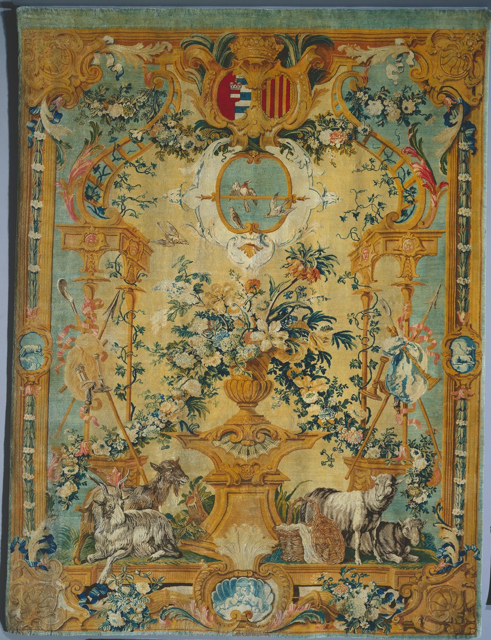 Savonnerie Panel: Spring with Coat of Arms, produsent Savonnerie Factory, Frankrike, før 1717 av French School