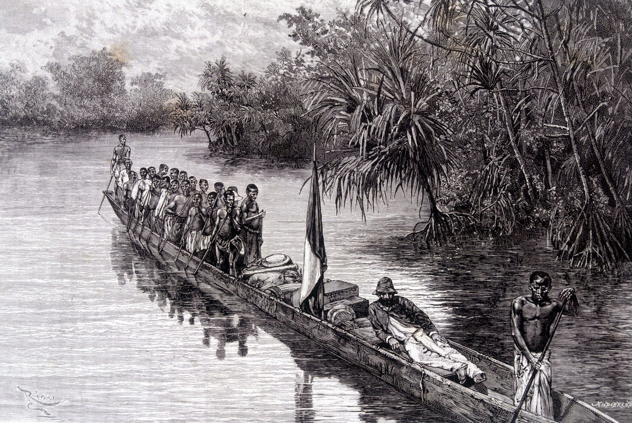 Savorgnan av Brazza i en kano i pandanus i Vest-Afrika - i "" Tour du Monde"", 2. uke 1887 av French School