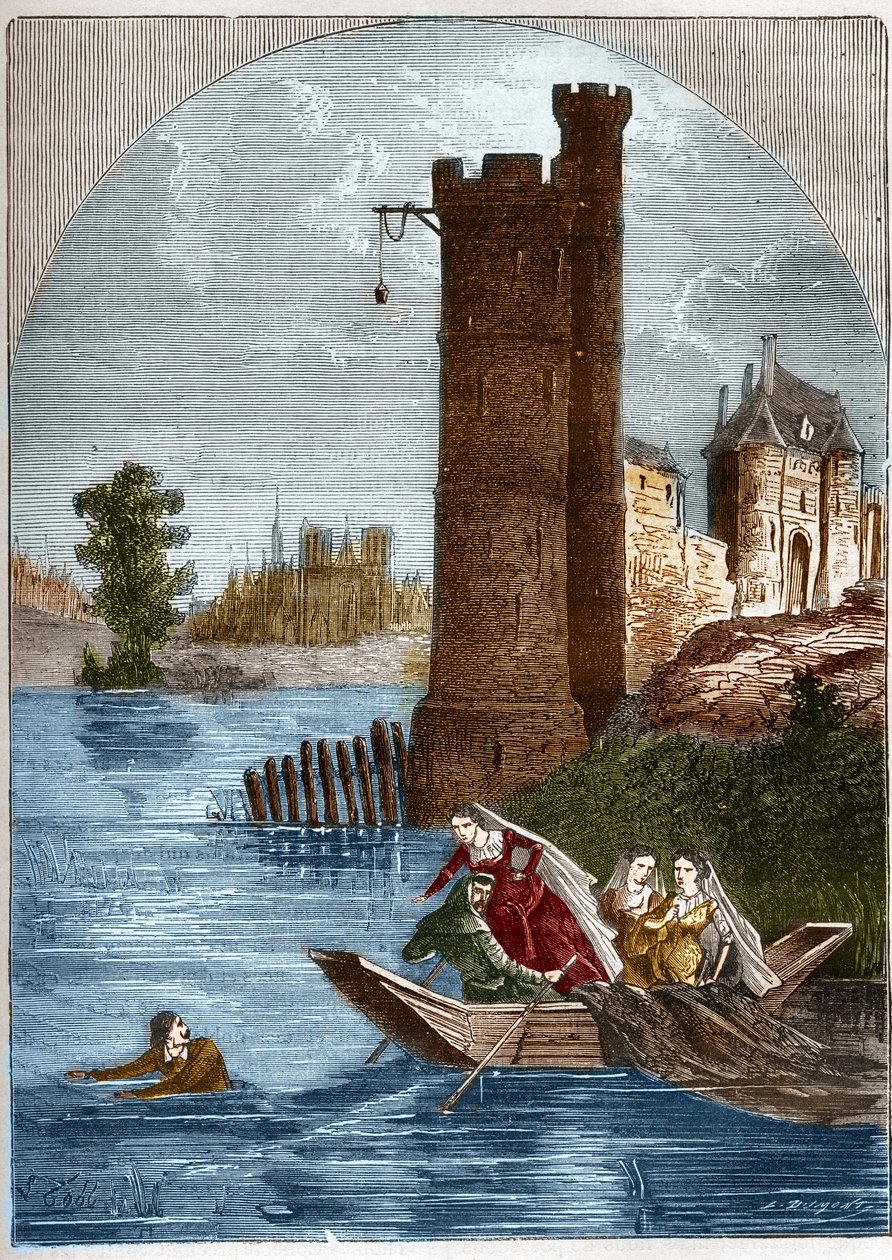 Skandale (affære) av tårnet i Nesle: Buridan klarte å rømme fra tårnet i Nesle i Paris i 1314 til tross for bakholdet satt av dronning Marguerite av Burgund (1290-1315). Gravering i "Histoire de la prostitution et de la debauche dans les peuples du g av French School
