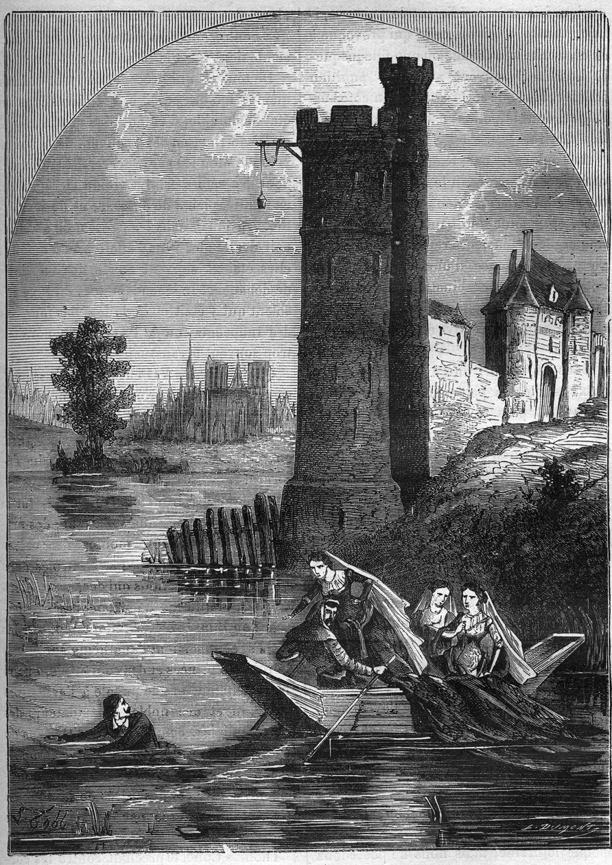 Skandale (affære) av tårnet i Nesle: Jean Buridan klarte å rømme fra tårnet i Nesle i 1314 til tross for bakholdet satt av dronning Marguerite av Burgund (1290-1315). Gravering i «Histoire de la prostitution et de la debauche dans les peuples du globe av French School