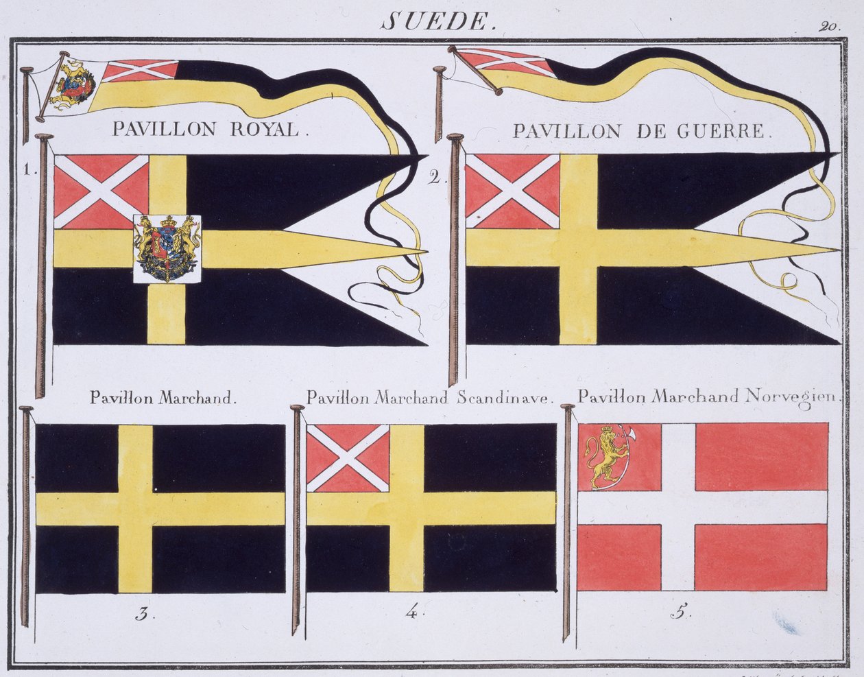 Skandinaviske flagg, fra en fransk bok med flagg, ca. 1819 av French School