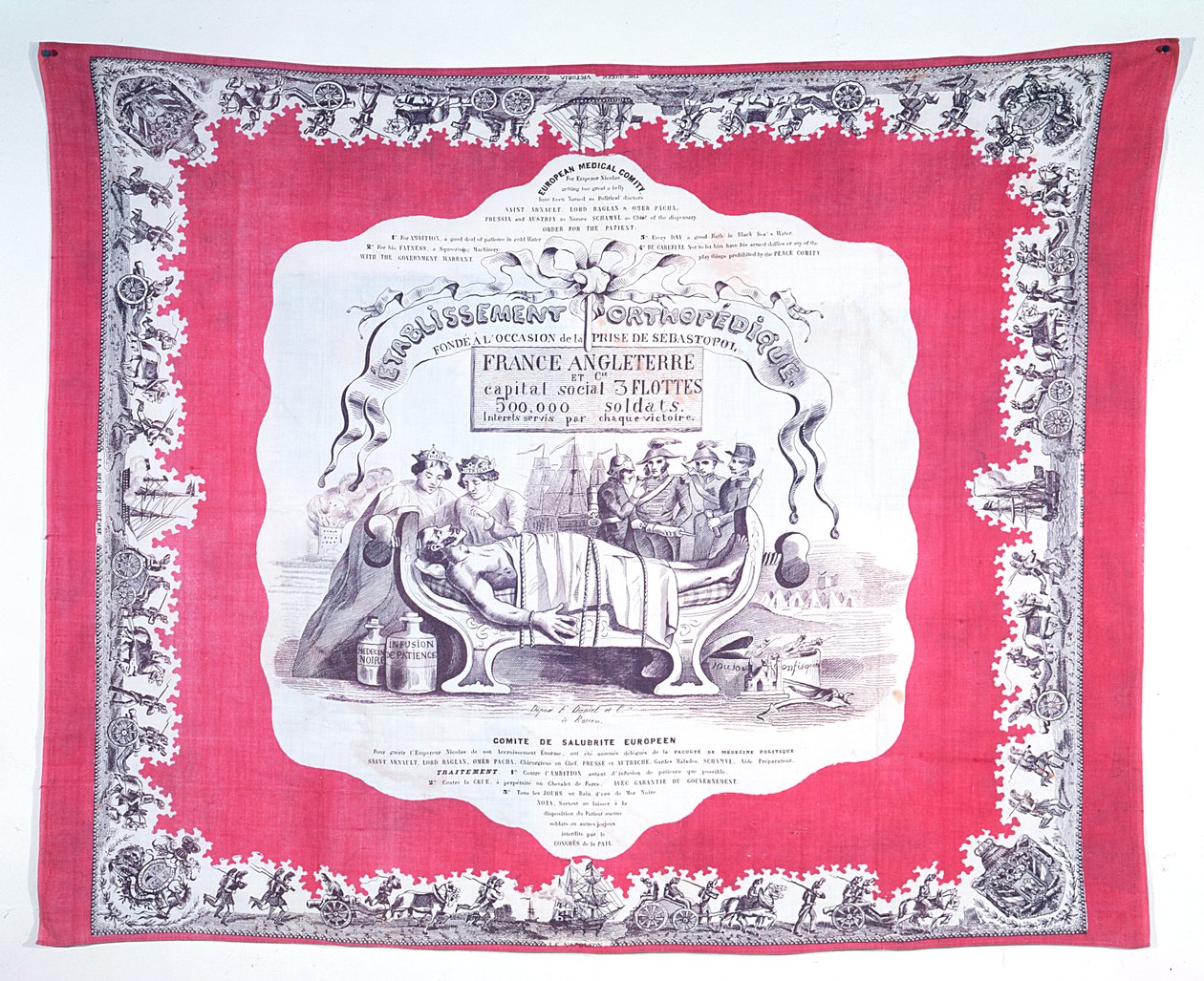 Skjerf som karikerer Russland kvalm av grådighet og ambisjoner under Krim-krigen, ca. 1856 (trykt silke) av French School