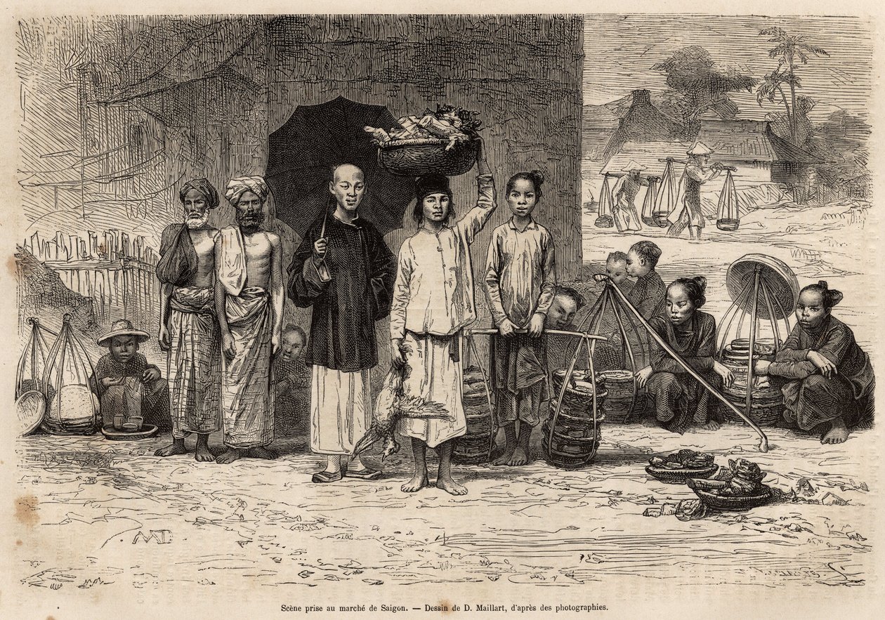 Scene du marche de Saigon, gravering etter en tegning av D. Maillard, som illustrerer reisen til Cochinchine, av Doctor Morice, i 1872, publisert i "" Le tour du monde"" 1875, redigert av Edouard Charton, Hachette-utgaven, Paris. Selva samling. av French School