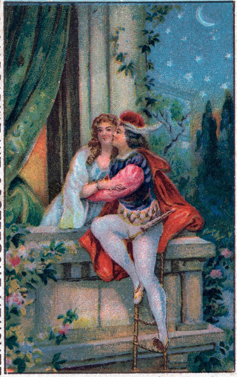 Scene fra Shakespeares «Romeo og Julie», 3. akt, 5. scene: De elskende på balkongen. av French School