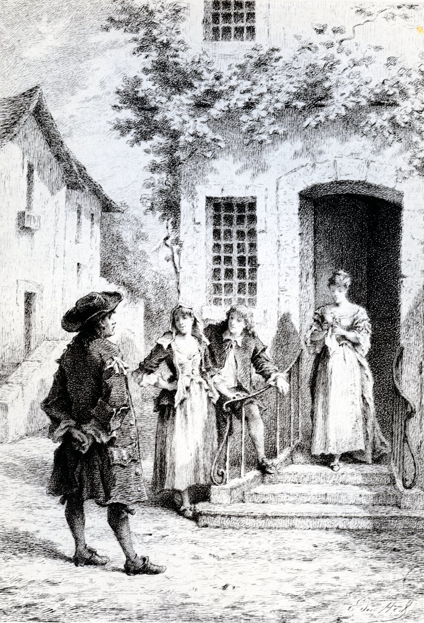 Scene fra The School for Wives, av Moliere av French School
