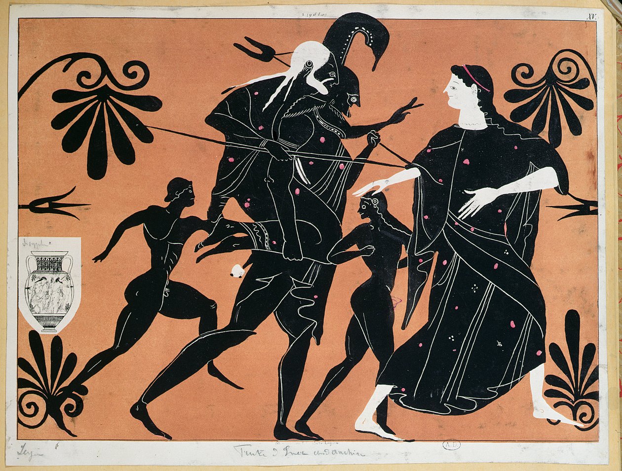 Scene fra en gammel gresk vase som viser flukten til Aeneas fra Troja med sønnene og bærer faren Anchises på ryggen av French School