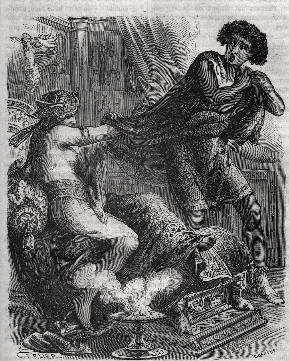 Scene fra Bibelen: "" Hun grep den for dydige unge mannen i tunikaen hans""". Kona til Putifar (Potifar) prøver å forføre Josef, en slave av farao. Gravering fra 1871 i «Histoire Des Cocus Celebres»» av Henry de Kock (1819-1892). av French School